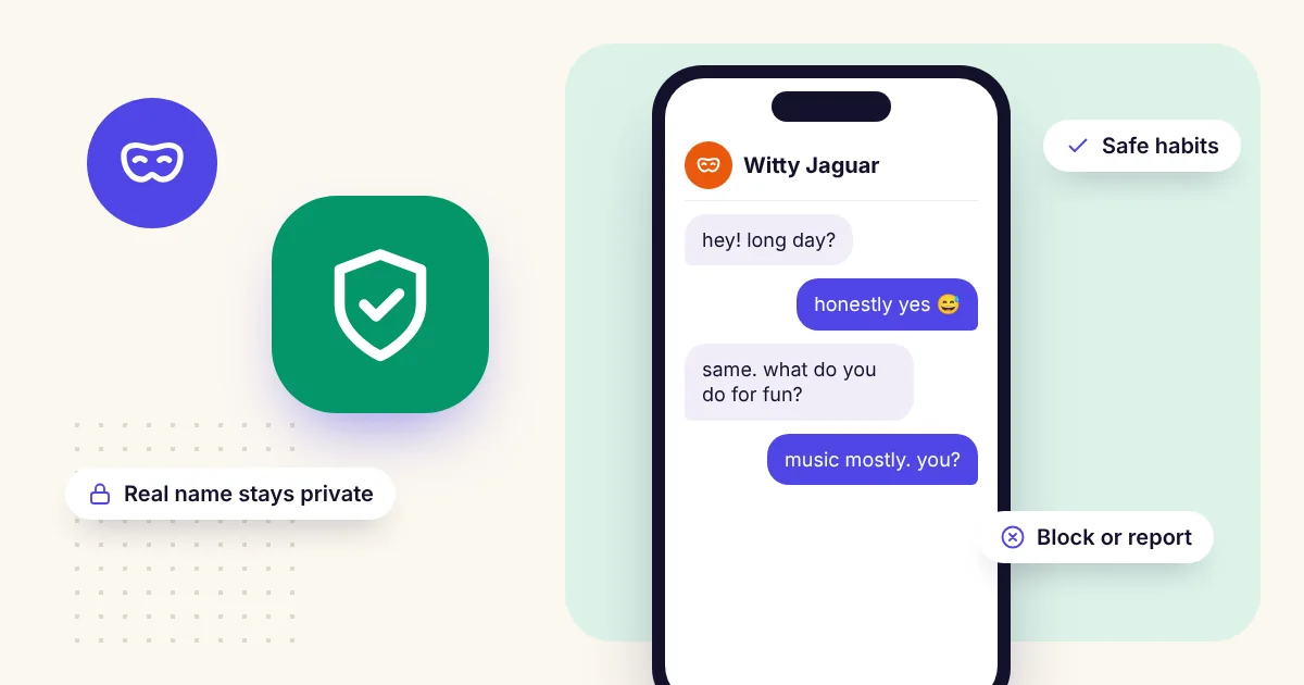 Illustration of a friendly anonymous chat between two masked users on a phone, with a green shield and tips to keep your real name private and to block or report