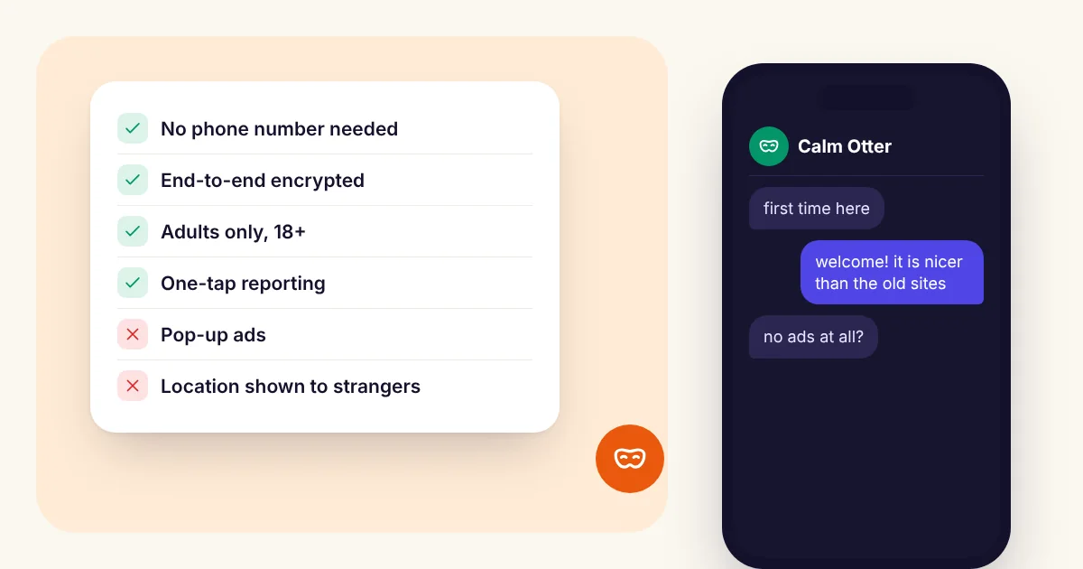 Checklist for choosing an Omegle alternative: no phone number, end-to-end encryption, adults only, one-tap reporting, no pop-up ads and no location shown, next to an anonymous chat on a phone