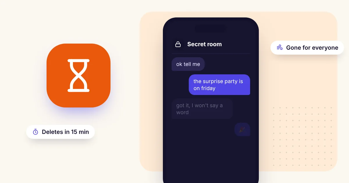A dark private chat room on a phone with messages fading away, next to an hourglass and a timer showing the chat deletes in 15 minutes