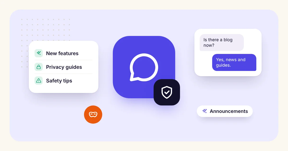 Illustration of the DiffWeb chat logo with a shield, a list of new features, privacy guides and safety tips, and a chat bubble saying the blog is live