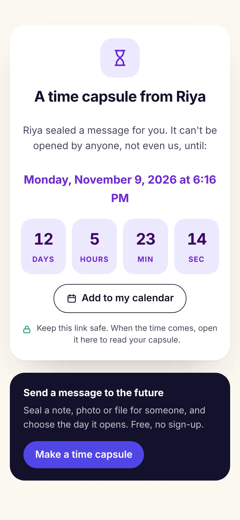 A sealed DiffWeb time capsule with a countdown to the day it opens