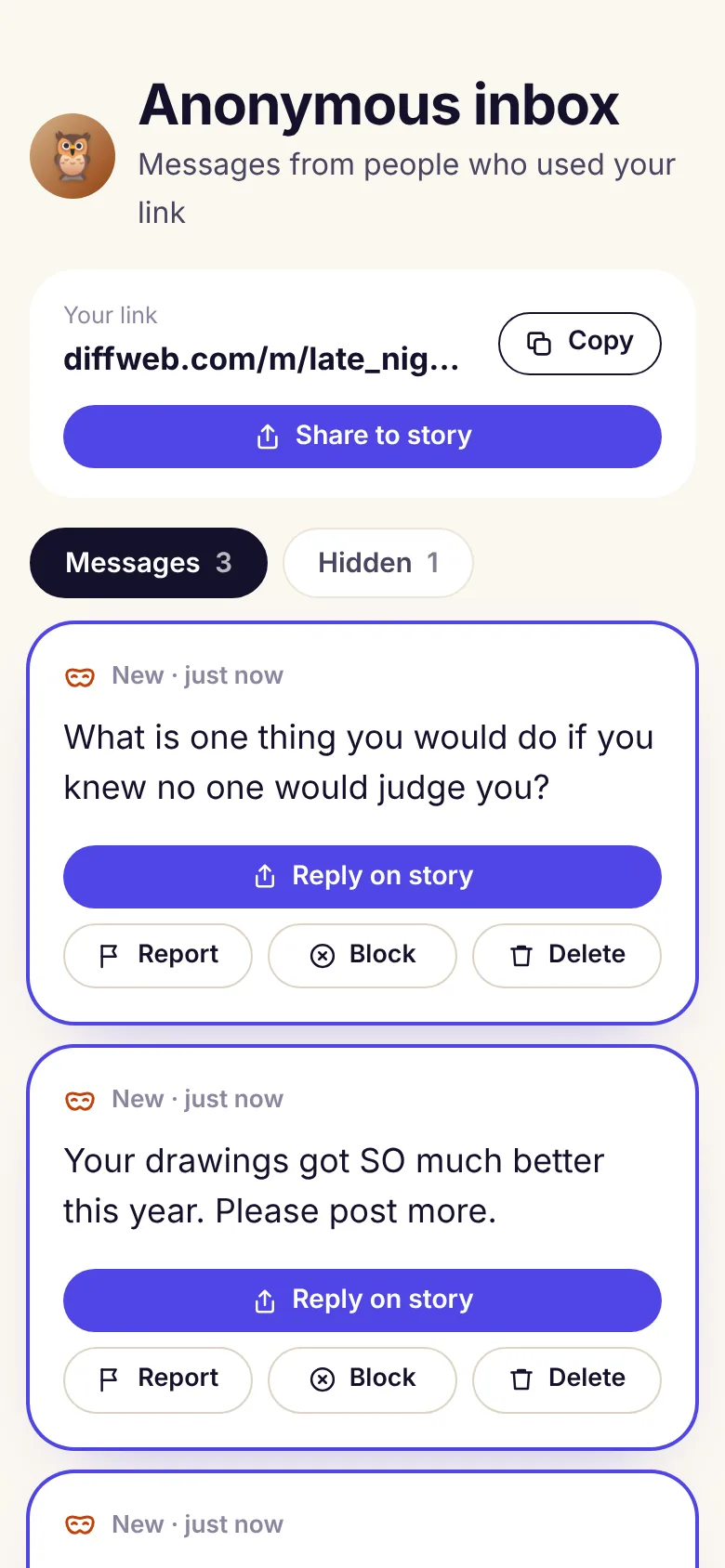 The DiffWeb anonymous inbox with messages sent from a bio link