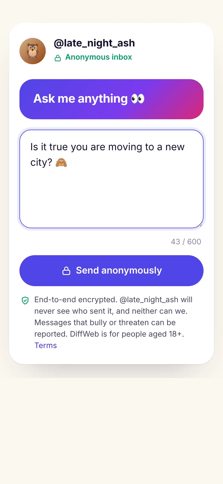 The page people see when they open an Anonymous Inbox link: a question card and a box to write an anonymous message