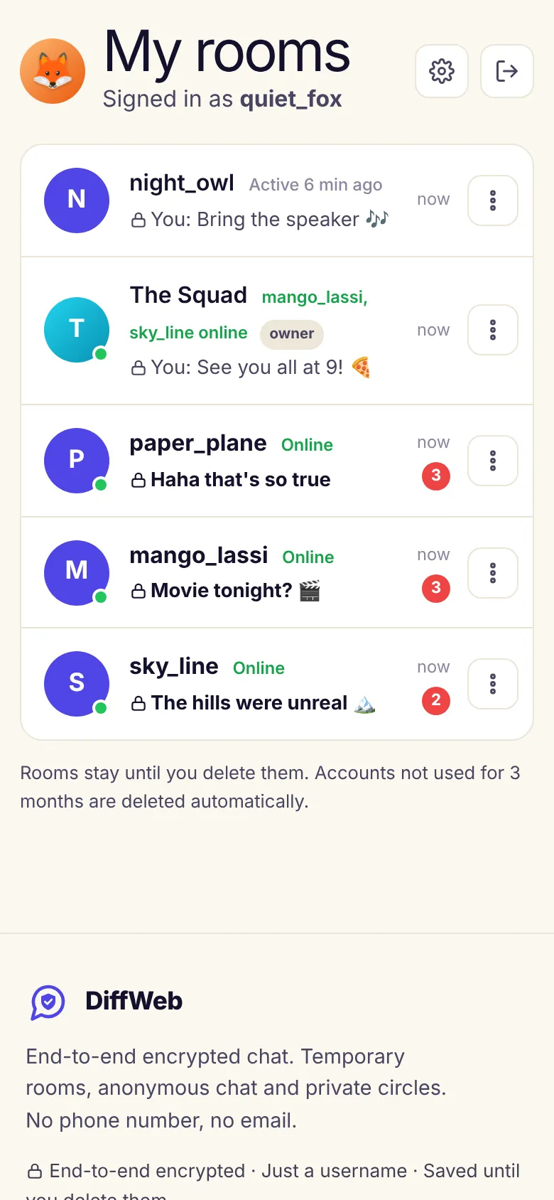Saved Rooms on DiffWeb: a list of chats with usernames only