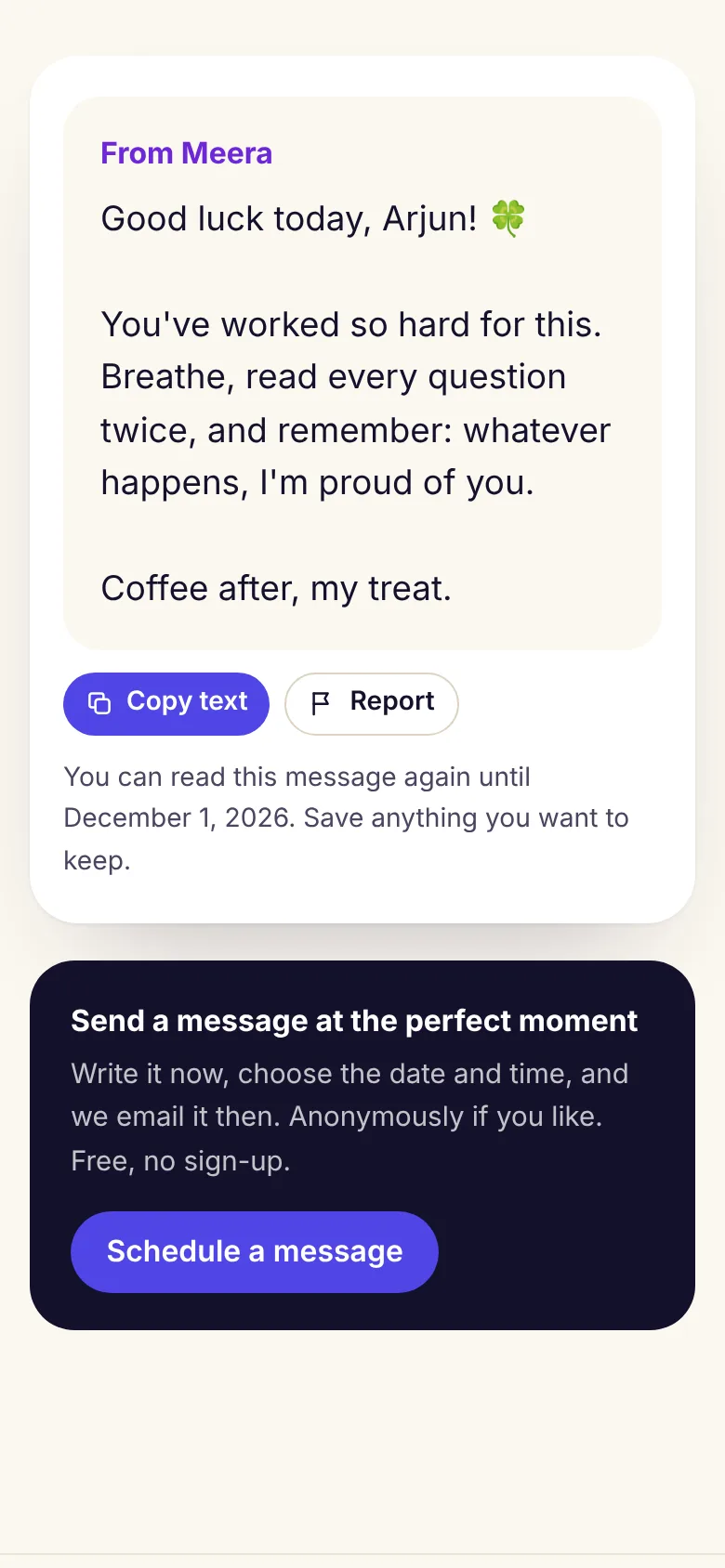 A DiffWeb scheduled message from Meera, delivered by email on the morning of an exam