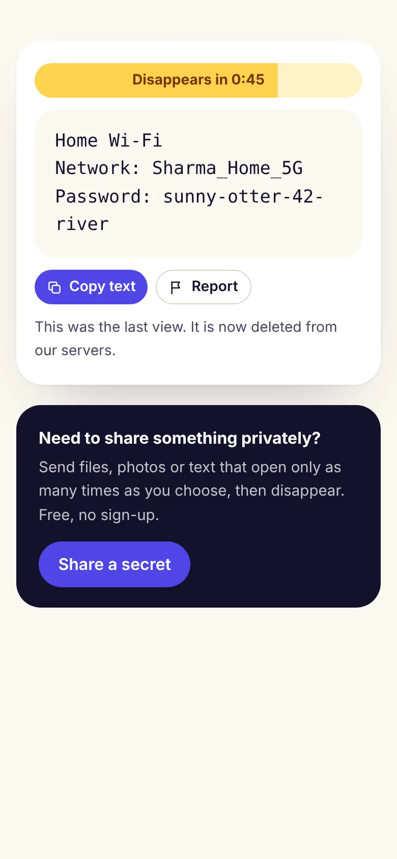 An opened DiffWeb secret with a Wi-Fi password, a copy button and a timer before it disappears