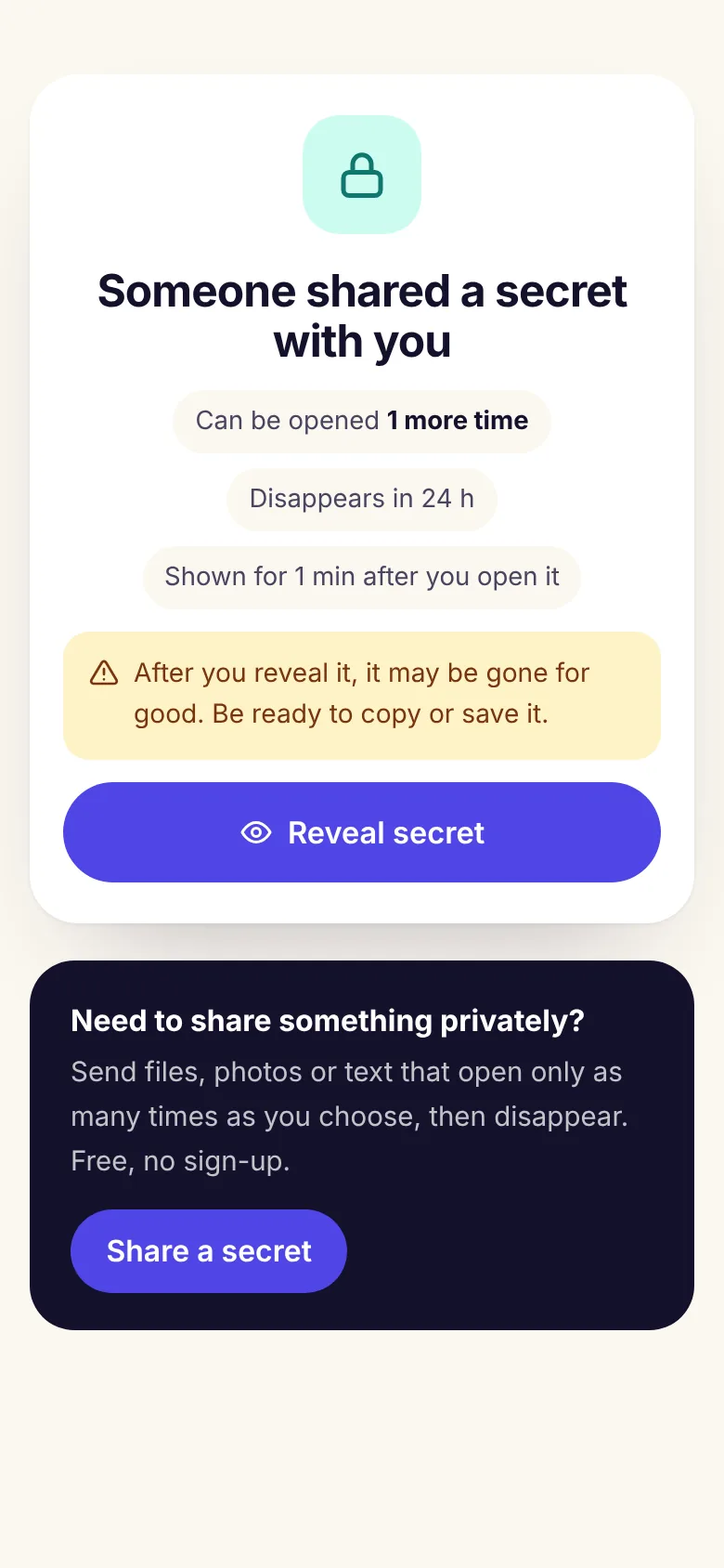 A DiffWeb secret link waiting to be revealed once