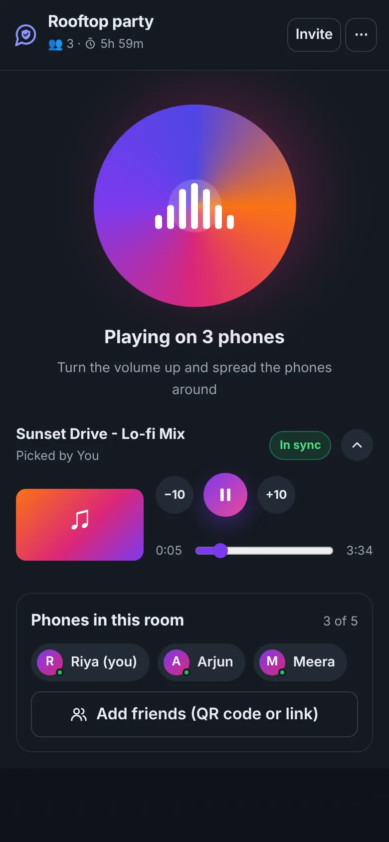 A DiffWeb SyncPlay room playing one song on three phones at once