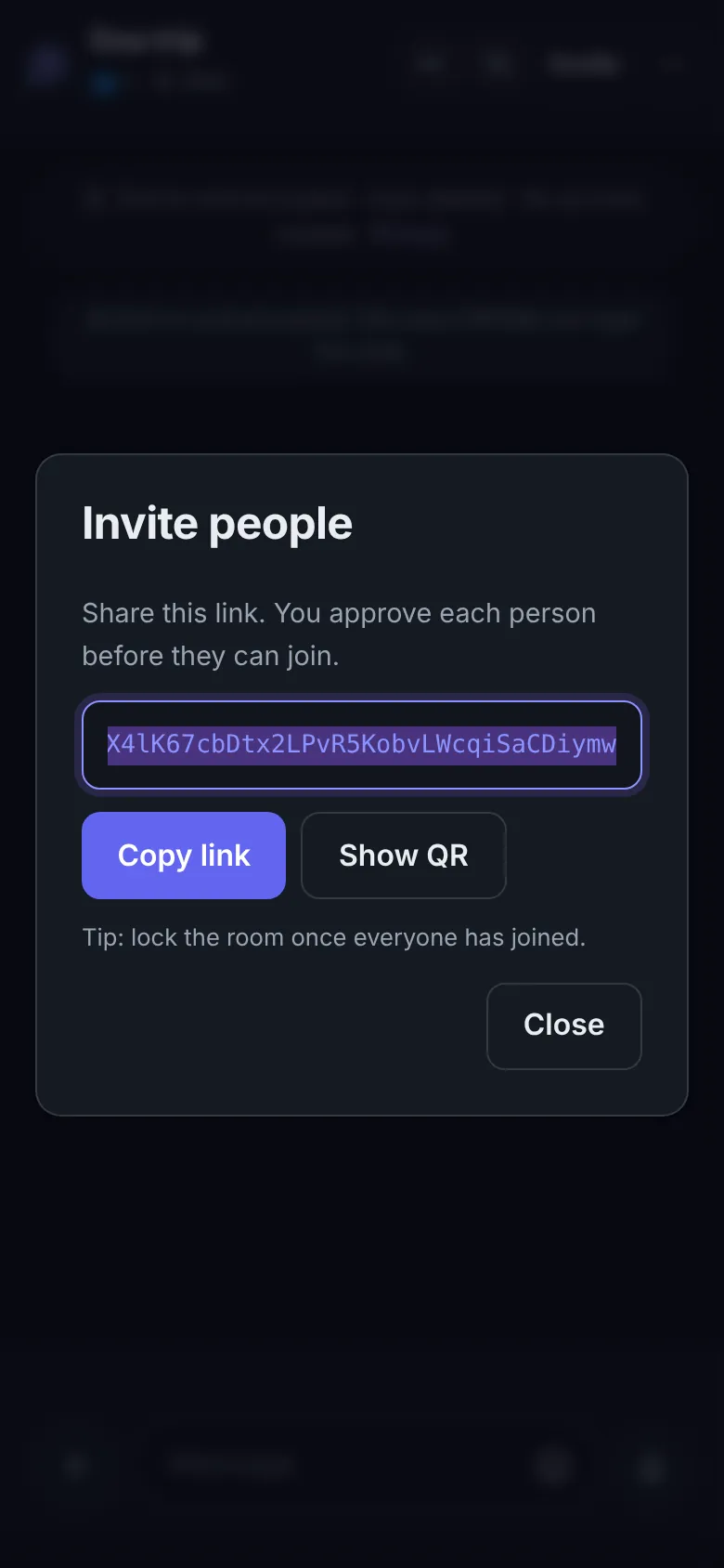 Invite people sheet in a DiffWeb temporary room, with copy link and QR code